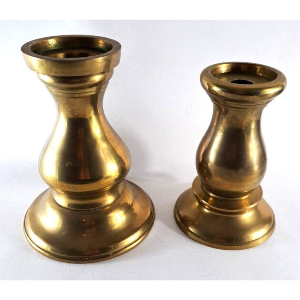 Vintage Solid Brass Pillar Candle Holders Mid Century Gold Tone Decorative
